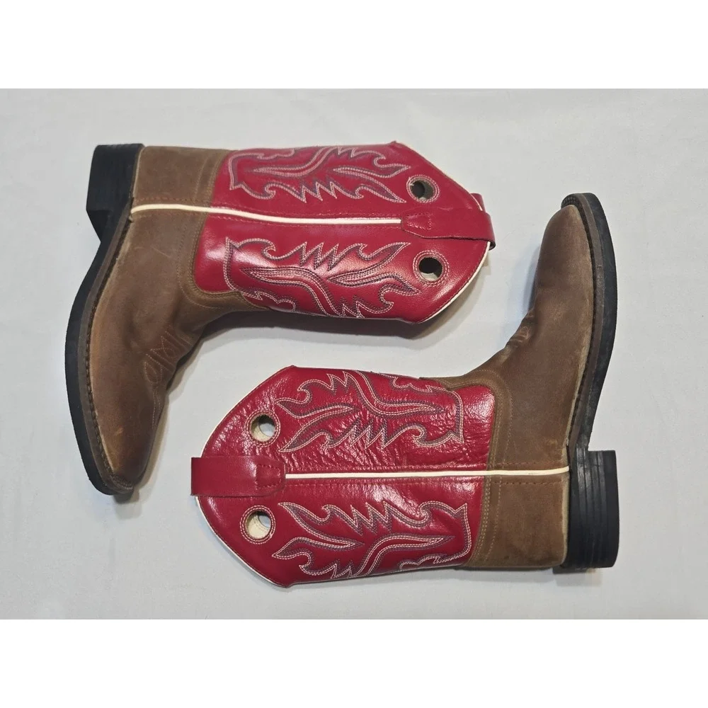 Old West Kids Size 2 Unisex Brn/Red Leather Western Boot Square Toe Ultra-Flex